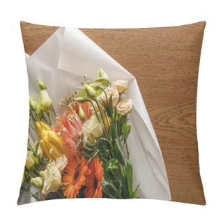 Personality  Top View Of Blooming Colorful Spring Bouquet On Paper On Wooden Background Pillow Covers