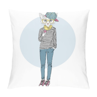 Personality  Cat Teen Girl In Stripy Top With Mobile Pillow Covers