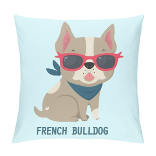 Personality  Vector Icon Dog Breeds French Bulldog. Puppy Bulldog In Pink Glasses. French Bulldog Beige Color Pillow Covers
