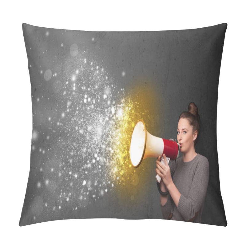 Personality  Woman Shouting Into Megaphone And Glowing Energy Particles Explo Pillow Covers