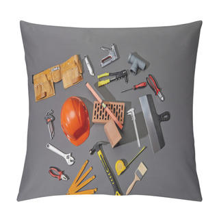 Personality  Top View Of Bricks, Tool Belt, Helmet And Industrial Tools On Grey Background Pillow Covers