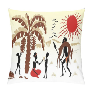 Personality  Africa Landscape Background. Hunter African Family And Sun Set Pillow Covers
