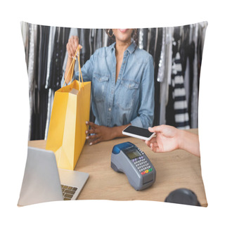 Personality  Cropped View Of Woman Paying With Smartphone Near Happy African American Saleswoman In Boutique Pillow Covers