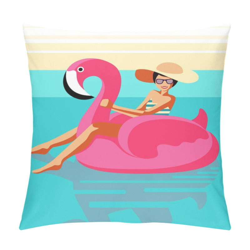 Personality  Happy Smiling Young Girl In A Swimsuit, Glasses And A Hat Sits On An Inflatable Pink Flamingo In The Pool. Retro Style. Pop Art. Summer Concept. Vector Illustration. Pillow Covers