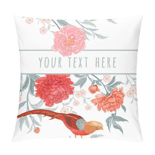 Personality  Card With Flowers And Birds. Peonies And Pheasants. Floral Exotic Vintage Decoration. Ancient Oriental Style. Vector Illustration. Template For Design Of Wedding Invitations And Holiday Greetings. Pillow Covers