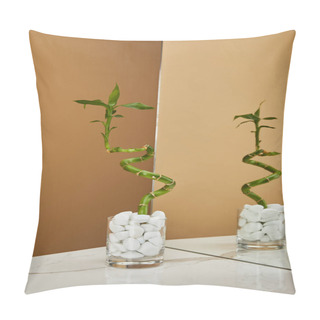 Personality  Green Bamboo Stem In Vase With Stones And Mirror On White Marble Table And Beige Background Pillow Covers