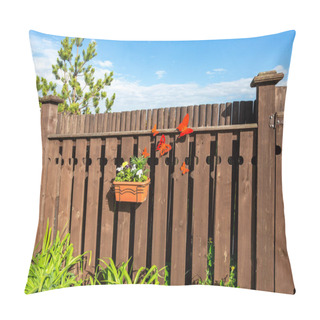 Personality  Flower Pot With Decorative Flowers Hanging On The Wooden Fence In Village Pillow Covers
