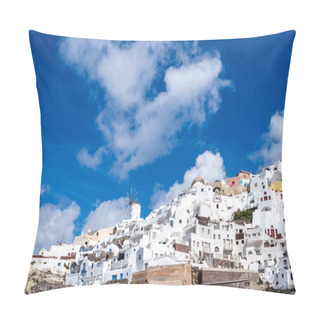 Personality  Low Angle View Of White Houses Near Windmill In Greece  Pillow Covers