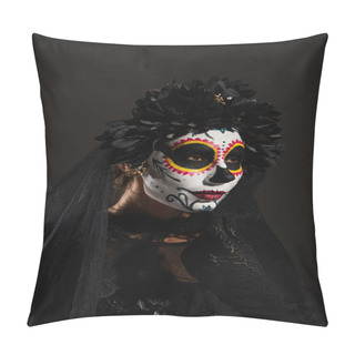Personality  Woman In Dark Halloween Costume And Sugar Skull Makeup Looking Away Isolated On Black Pillow Covers