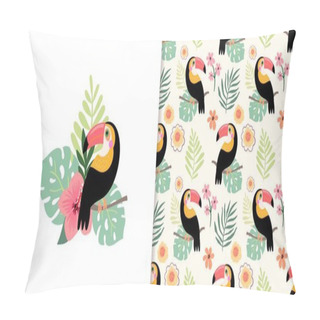 Personality  Tropical Set With Seamless Pattern And Floral Arrangement, Toucan, Hibiscus, Exotic Leaves Pillow Covers