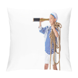 Personality  Smiling Preschooler Child In Sailor Costume Looking In Spyglass And Holding Rope Isolated On White Pillow Covers