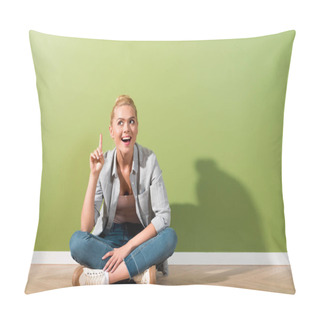 Personality  Attractive Girl Sitting On Floor And Doing Idea Gesture Pillow Covers
