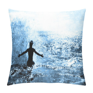 Personality  Ocean Wave Splashing On A Man Sitting On A Cliff Pillow Covers