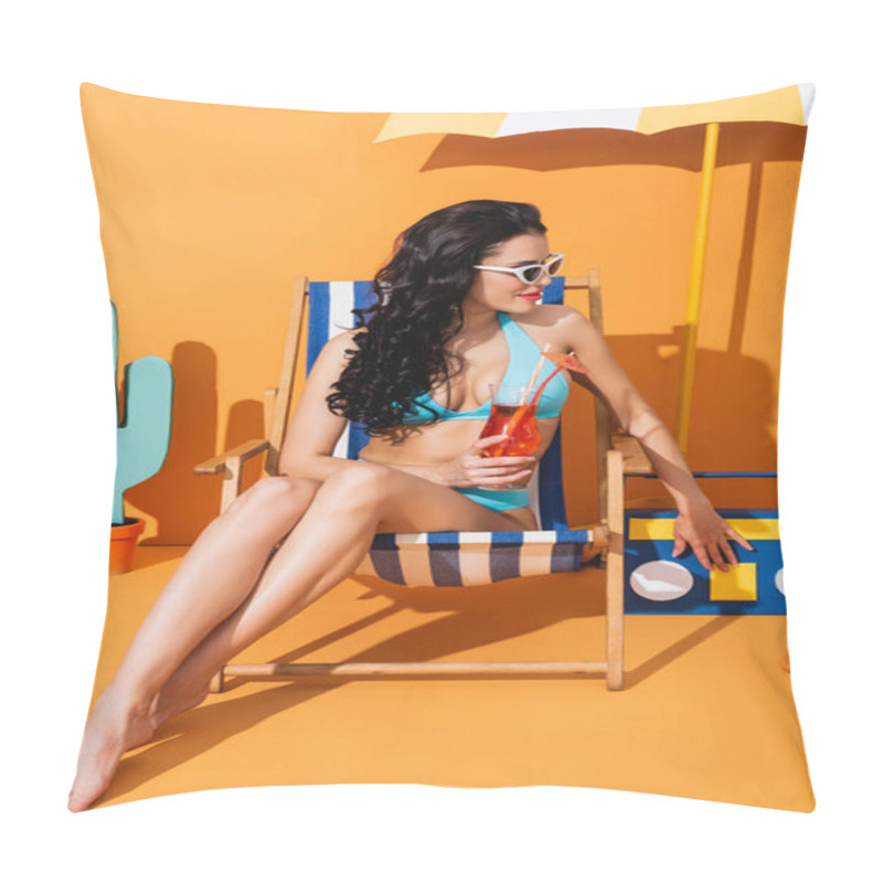 Personality  Cheerful Woman In Swimwear And Sunglasses Sitting On Deck Chair And Holding Cocktail Near Paper Umbrella, Boombox And Cactus On Orange Pillow Covers