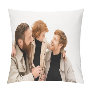 Personality  Bearded Man Smiling Near Cheerful Son And Grandson In Trench Coats Looking At Each Other Isolated On Grey Pillow Covers
