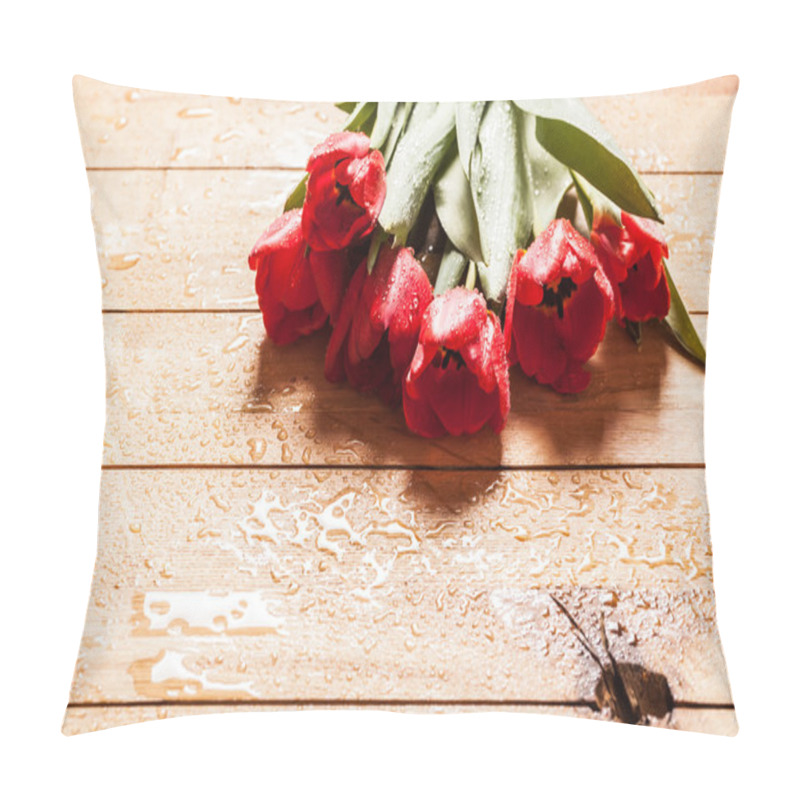 Personality  Fresh red tulip flowers bouquet on wood pillow covers