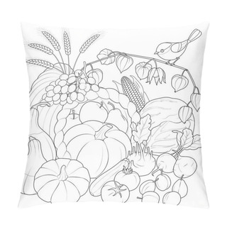 Personality  Autumn Harvest Vegetables And Fruits With Bird. Black And White Vector Illustration. Coloring Page For Kids And Adults. Vector Illustration Pillow Covers