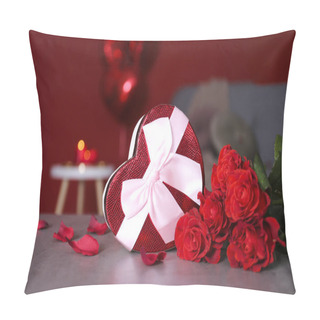 Personality  St. Valentines Day Composition With The Bouquet Of Roses And Other Romantic Mood Attributes. Pillow Covers