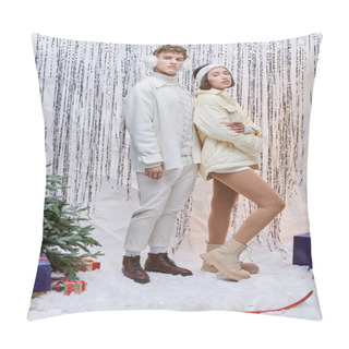 Personality  Interracial Models Posing Near Silver Tinsel, Gift Boxes And Christmas Tree In Festive Studio Pillow Covers