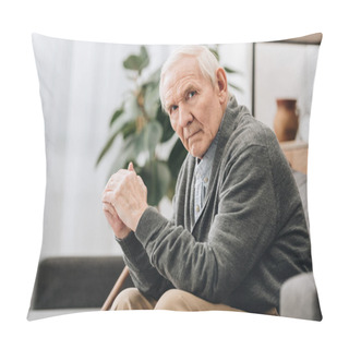 Personality  Sad Pensioner Sitting On Sofa In Living Room  Pillow Covers