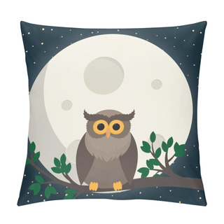 Personality Cute Owl Sit At Branch Under The Moon. Vector Illustration Pillow Covers