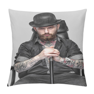 Personality  Bearded Tattooed Guy With Walking Stick Pillow Covers