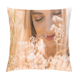 Personality  Portrait Of Blonde Woman With Closed Eyes Near Wildflowers, Selective Focus Pillow Covers