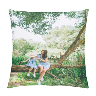 Personality  Stylish Mother And Daughter Sitting On Tree Trunk Together  Pillow Covers