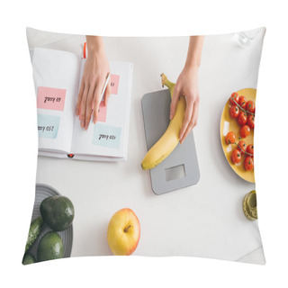 Personality  Top View Of Girl Putting Banana On Scales While Writing Calories In Notebook, Calorie Counting Diet Pillow Covers