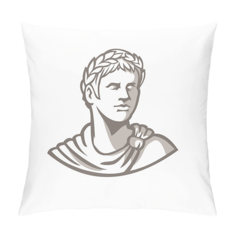 Personality  Mascot Icon Illustration Of Bust Of An Ancient Roman Emperor, Senator Or Caesar, Ruler Of The Roman Empire During The Imperial Period Wearing Crown Of Laurel Leaves On Isolated Background Retro Style. Pillow Covers