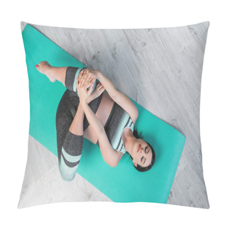 Personality  Top View Of Pregnant Woman Meditating In Wind Removing Pose On Yoga Mat Pillow Covers