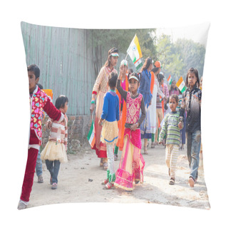 Personality  NOIDA, UTTAR PRADESH / INDIA - JANUARY 2020 : Young Indian Students From Slum/Village Area Celebrating Indian Republic Day Function At School With Flags In Hand Pillow Covers