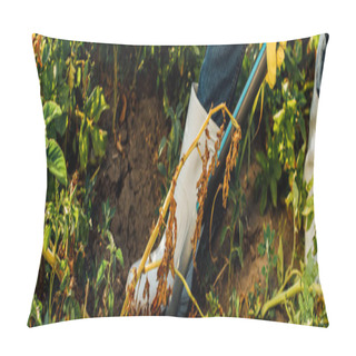 Personality  Cropped View Of Farmer In Rubber Boots Digging Soil In Field With Shovel, Horizontal Concept Pillow Covers