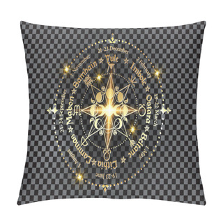 Personality  Wheel Of The Year Is An Annual Cycle Of Seasonal Festivals. Gold Wiccan Calendar And Holidays. Compass With Triple Moon Wicca Pagan Goddess And Moon Phases Symbol, Names In Celtic Of The Solstices Pillow Covers