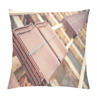 Personality  Brown Roof Tile Packs At House Construction Site. Roof Under Construction With Modern Tiles  Pillow Covers