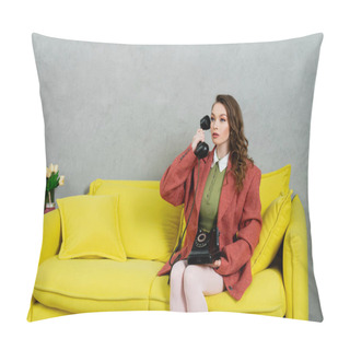 Personality  Vintage Vibes, Attractive Woman With Wavy Hair Sitting On Yellow Couch, Housewife Talking On Retro Telephone, Posing Like A Doll, Looking Away, Modern Interior, Living Room  Pillow Covers