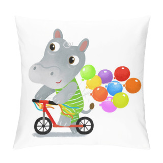 Personality  Cartoon Scene With Happy Little Boy Hippo Hippopotamus Having Fun Riding Scooter On White Background Illustration For Kids Pillow Covers