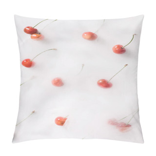 Personality  Top View Of Fresh Ripe Cherries In Smoke On White, Organic Background Pillow Covers