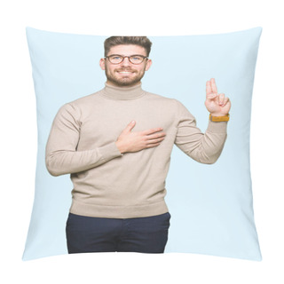 Personality  Young Handsome Business Man Wearing Glasses Swearing With Hand On Chest And Fingers, Making A Loyalty Promise Oath Pillow Covers