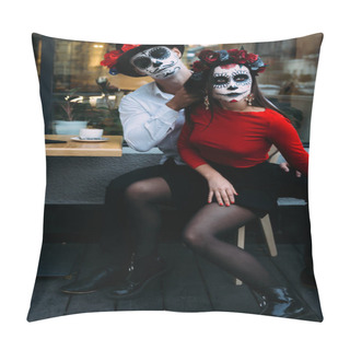 Personality  A Couple, Wearing Skull Make-up For. All Souls Day. Boy And Girl Sugar Skull Makeup.painted For Halloween Sit In A Cafe. Dead In The City. Zombie Walk.day Of The Dead Holiday In Mexico Pillow Covers
