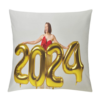 Personality  2024 New Year, Young Woman In Trendy Attire Holding Balloons With Numbers While Sneezing On Grey Pillow Covers