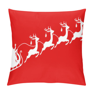 Personality  White Christmas Sleigh Santa And Four Flying Reindeers Baubles Red Background Pillow Covers
