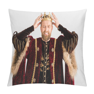 Personality  Smiling King Wearing Crown On Head Isolated On Grey Pillow Covers