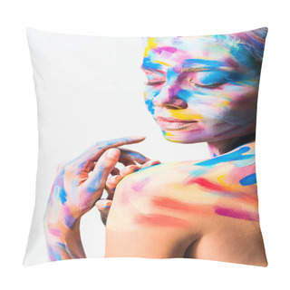 Personality  Side View Of Attractive Girl With Colorful Bright Body Art With Closed Eyes Isolated On White  Pillow Covers