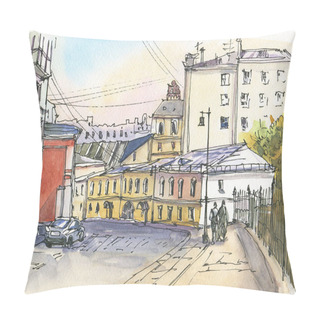 Personality  City Landscape.  Sketch Ink And Watercolor. Hand-drawn Illustration. Pillow Covers