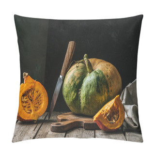 Personality  Close Up View Of Food Composition With Pumpkins, Knife And Cutting Board On Wooden Surface On Dark Background Pillow Covers