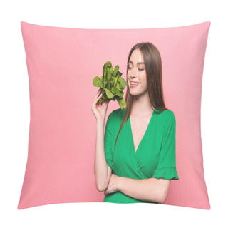 Personality  Smiling Young Woman Holding Spinach With Closed Eyes Isolated On Pink Pillow Covers