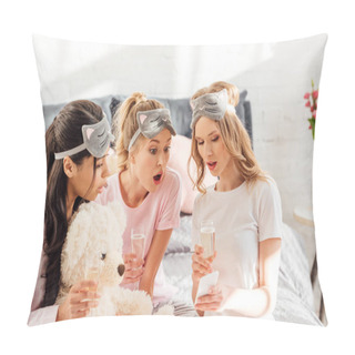 Personality  Beautiful Surprised Multicultural Girls In Sleeping Masks With Champagne Glasses Using Smartphone During Pajama Party Pillow Covers