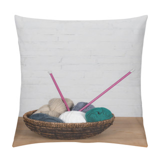 Personality  Needless In Basket With Yarn Balls On Wooden Table And Brick Wall At Background  Pillow Covers