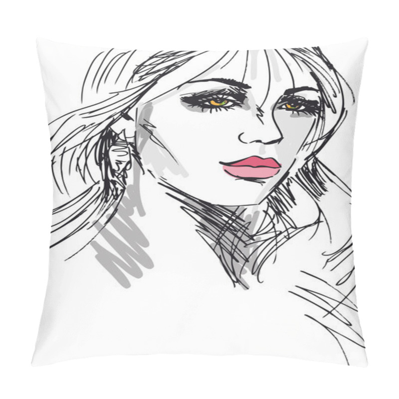 Personality  Sketch Of Beautiful Woman Face. Vector Illustration Pillow Covers